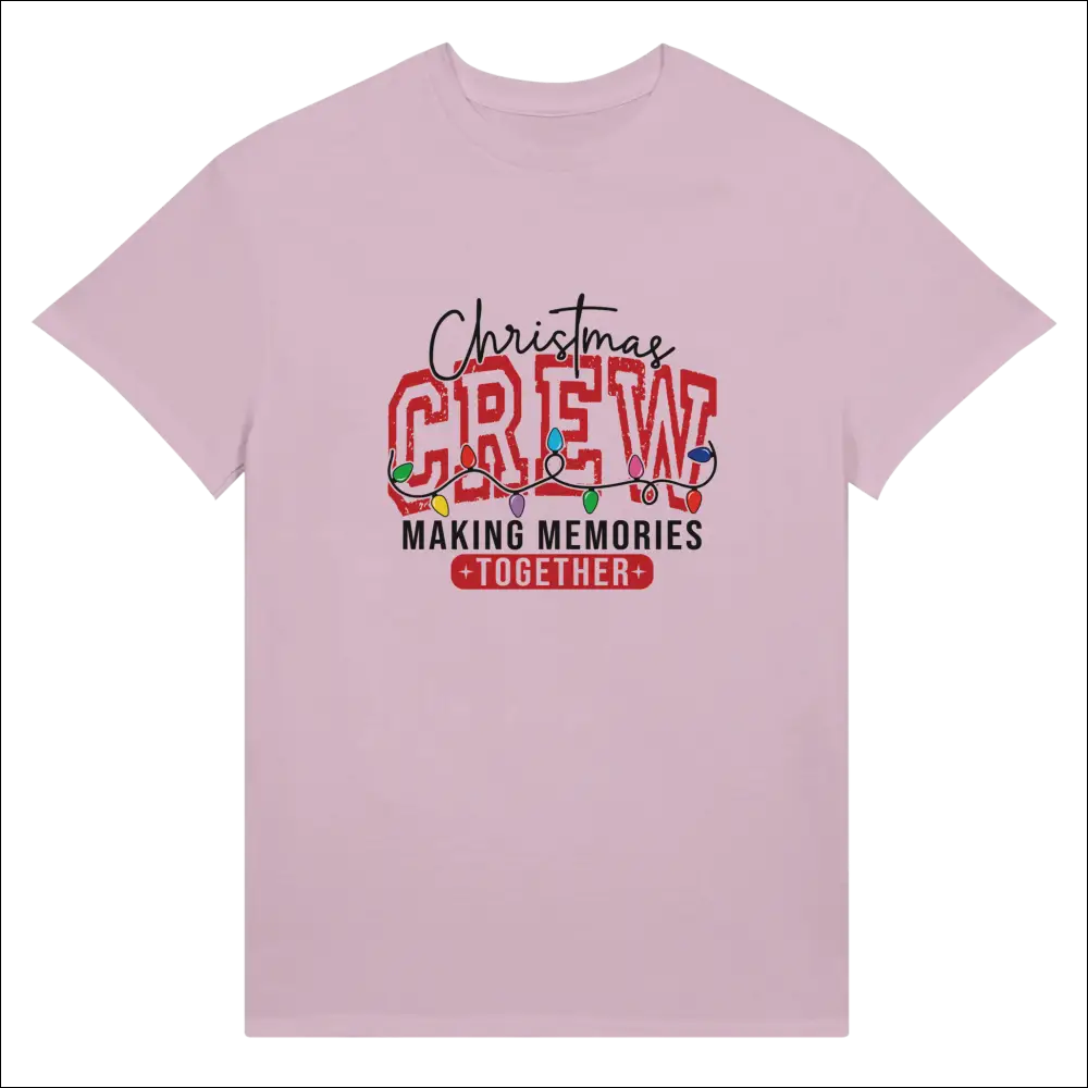 Soft pink Christmas Crew t-shirt with festive lights and memories phrase