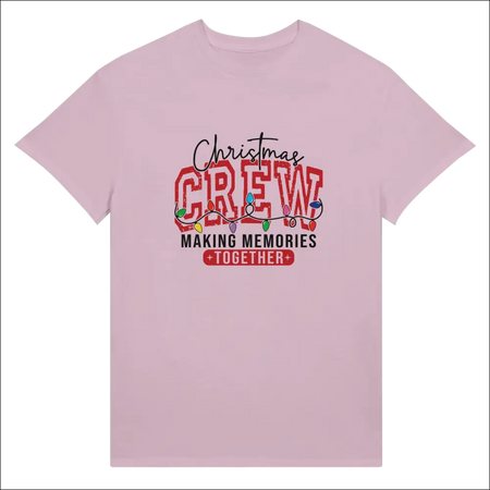 Soft pink Christmas Crew t-shirt with festive lights and memories phrase