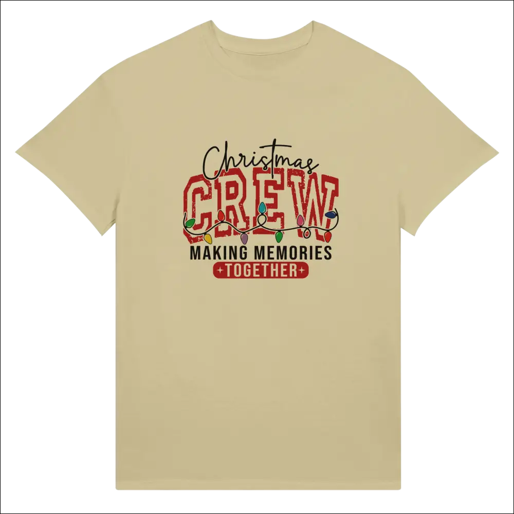 Beige Christmas Crew unisex t-shirt with festive graphic and lights