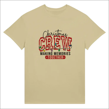 Beige Christmas Crew unisex t-shirt with festive graphic and lights