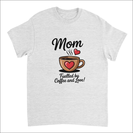 Heather gray cotton mom t-shirt with coffee cup and heart print