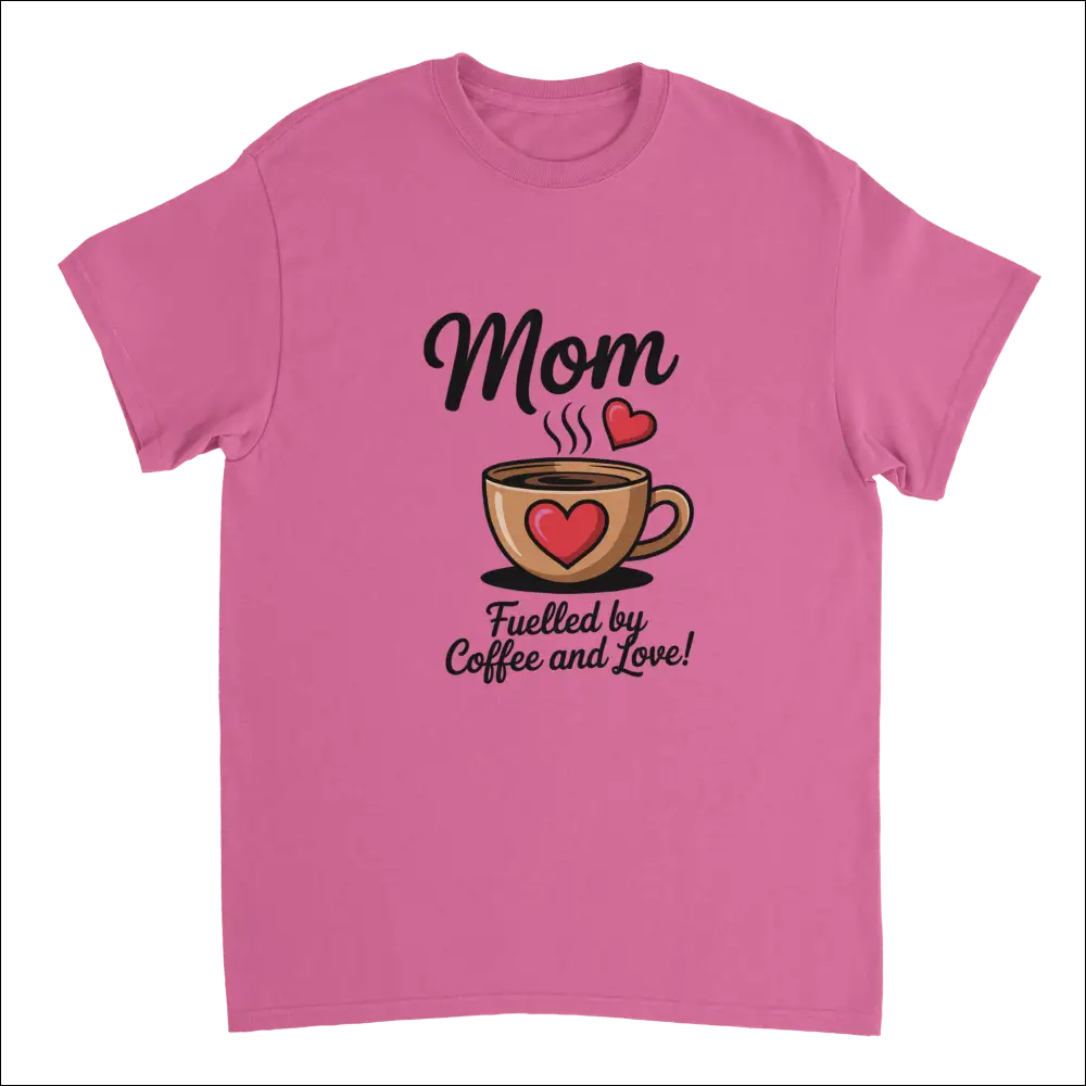 Pink short-sleeved mom t-shirt with coffee cup, hearts and love text on heavyweight cotton