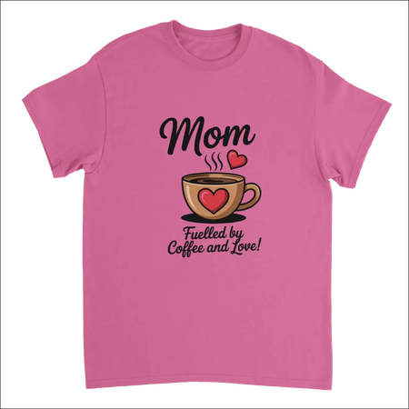 Pink short-sleeved mom t-shirt with coffee cup, hearts and love text on heavyweight cotton
