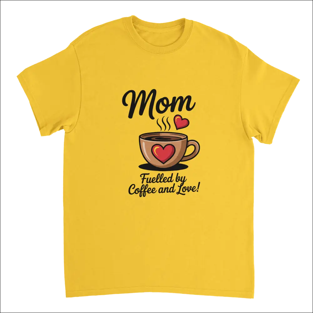 Yellow Coffee & Love Mom T-Shirt with mom graphic, coffee cup, hearts