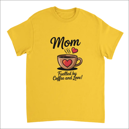Yellow Coffee & Love Mom T-Shirt with mom graphic, coffee cup, hearts