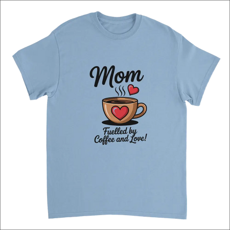 Light blue cotton mom t-shirt with coffee cup hearts and love text