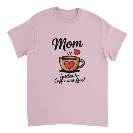 Soft pink short-sleeved mom t-shirt with coffee cup hearts and love print