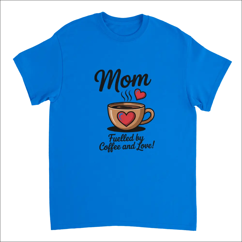 Bright blue short-sleeve mom t-shirt with coffee cup hearts graphic