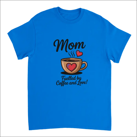 Bright blue short-sleeve mom t-shirt with coffee cup hearts graphic