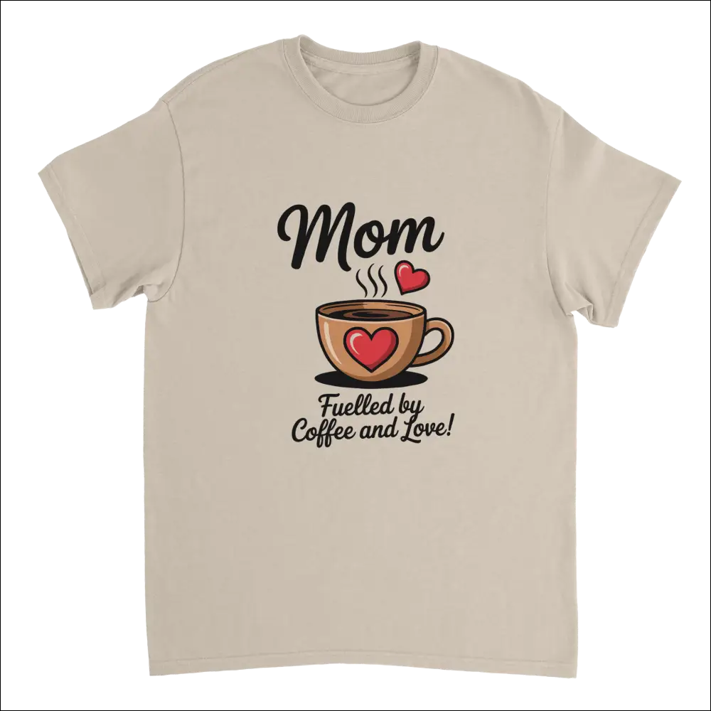 Beige short-sleeved mom t-shirt with coffee cup, hearts, and ’Mom Fueled by Coffee and Love’ print