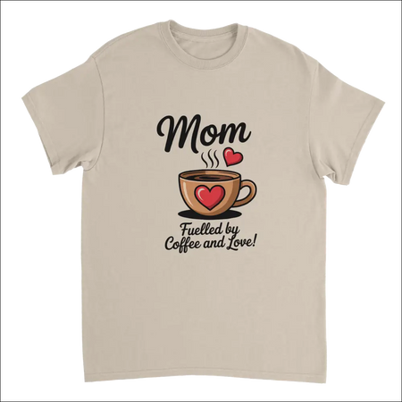 Beige short-sleeved mom t-shirt with coffee cup, hearts, and ’Mom Fueled by Coffee and Love’ print