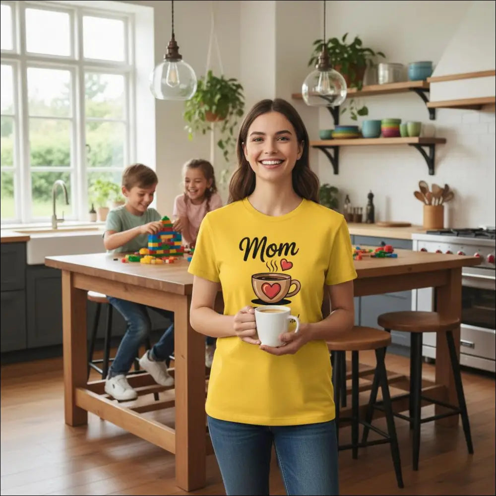 Yellow short-sleeved mom t-shirt with coffee cup and hearts graphic