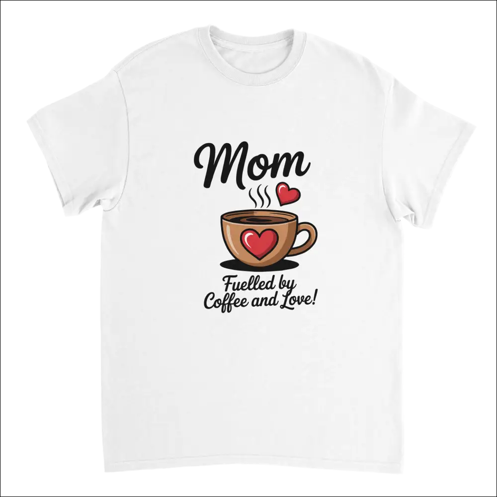 White cotton mom t-shirt with coffee cup heart print and fueled by coffee text