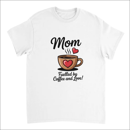 White cotton mom t-shirt with coffee cup heart print and fueled by coffee text