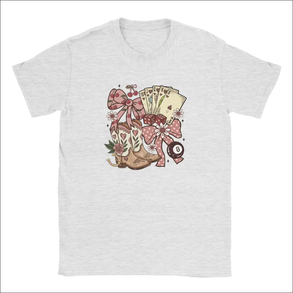 Heather gray kids t-shirt with cowboy boots, cards and pink bows design