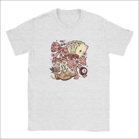 Heather gray kids t-shirt with cowboy boots, cards and pink bows design