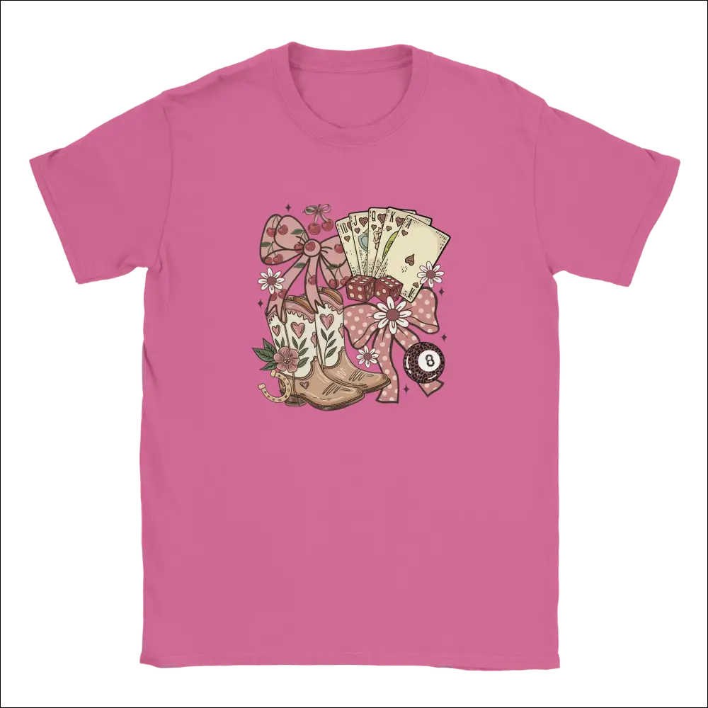 Pink Country Charm Kids T-Shirt with cowboy boots, cards, bows