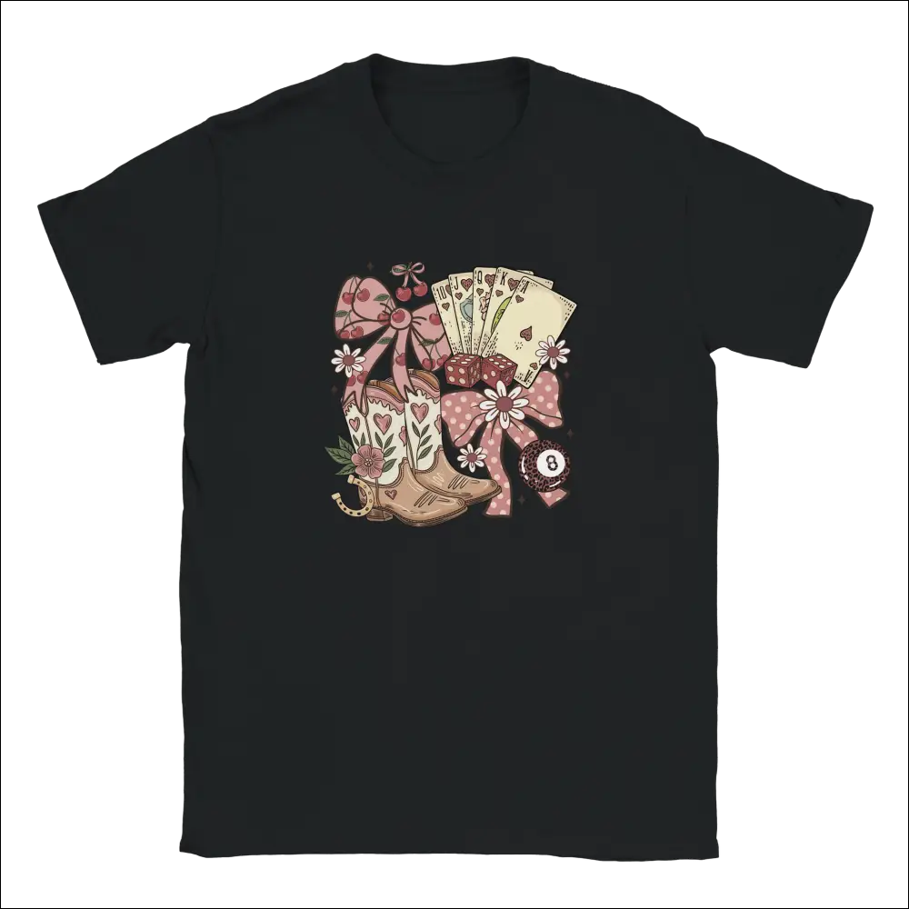 Black Country Charm Kids T-Shirt with colorful cowboy boots, cards, and pink bows