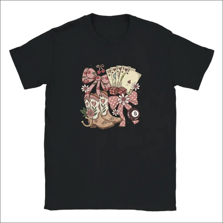 Black Country Charm Kids T-Shirt with colorful cowboy boots, cards, and pink bows