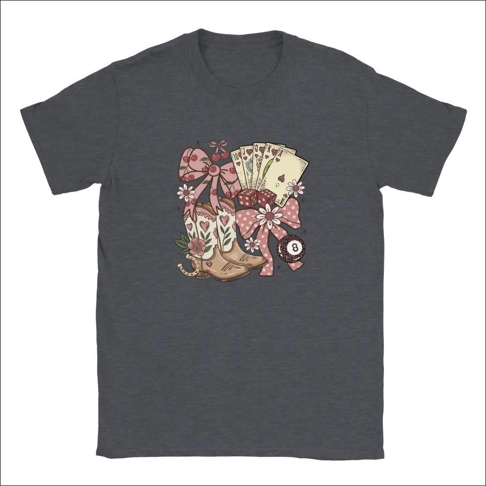 Dark gray Country Charm kids t-shirt with colorful cowboy boots, cards, pink bows