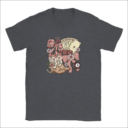 Dark gray Country Charm kids t-shirt with colorful cowboy boots, cards, pink bows
