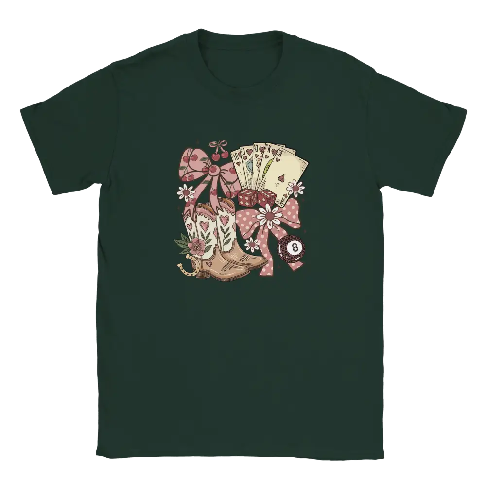 Dark green Country Charm kids t-shirt with whimsical bows, boots, cards, dice, eight-ball graphic
