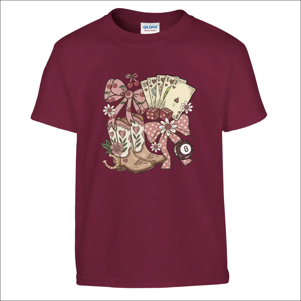Maroon Gildan Country Charm Kids T-Shirt with colorful cowboy boots, cards, dice, bows