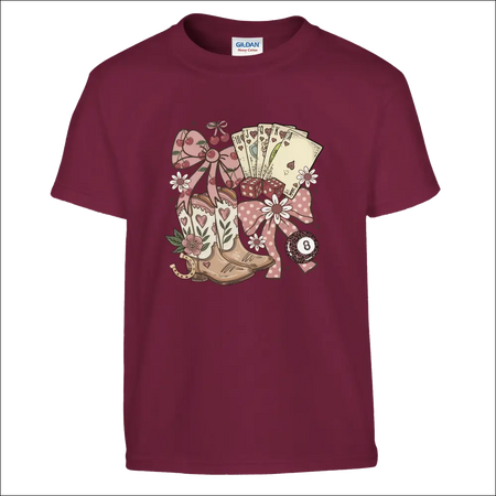 Maroon Gildan Country Charm Kids T-Shirt with colorful cowboy boots, cards, dice, bows