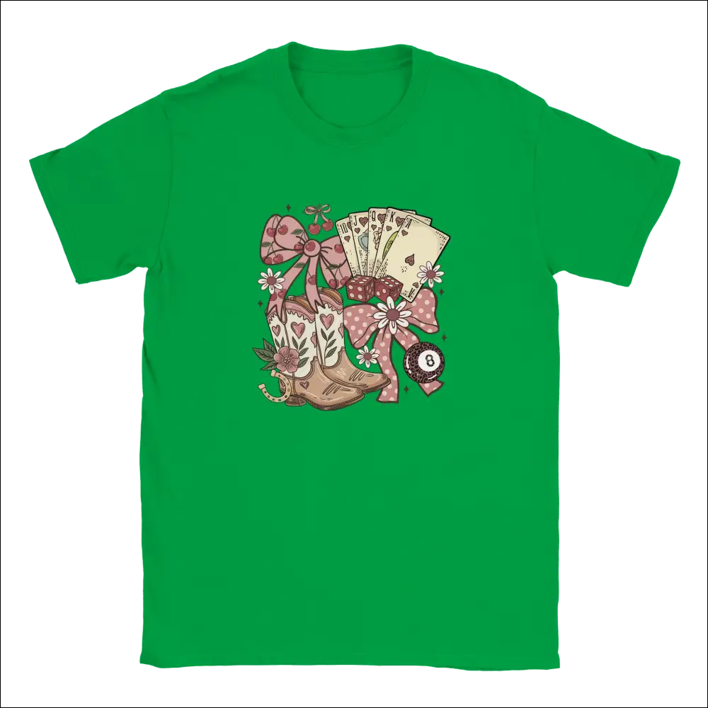 Vibrant green Country Charm kids t-shirt with whimsical pink cowboy boots graphic