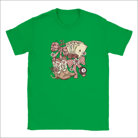 Vibrant green Country Charm kids t-shirt with whimsical pink cowboy boots graphic