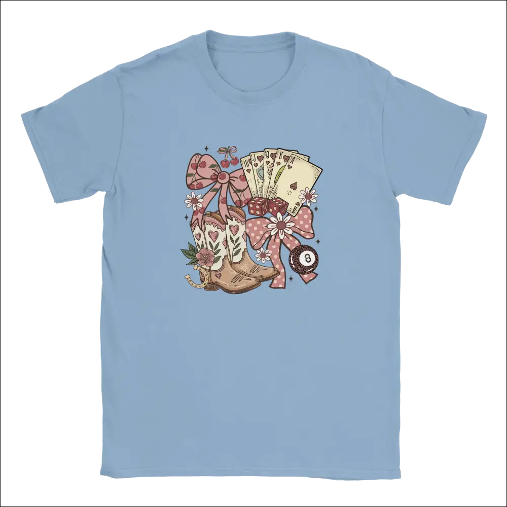 Light blue Country Charm Kids T-shirt with whimsical cowboy boots, cards, and polka-dot bows