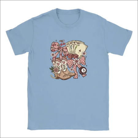 Light blue Country Charm Kids T-shirt with whimsical cowboy boots, cards, and polka-dot bows