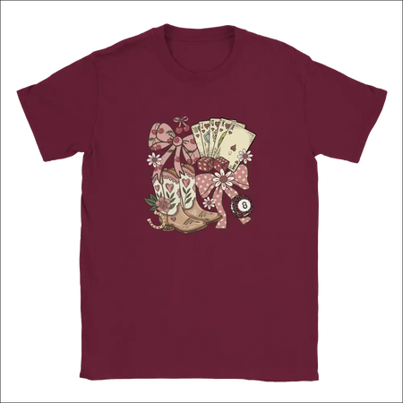 Maroon kids short-sleeved t-shirt with pink cowboy boots and cards design