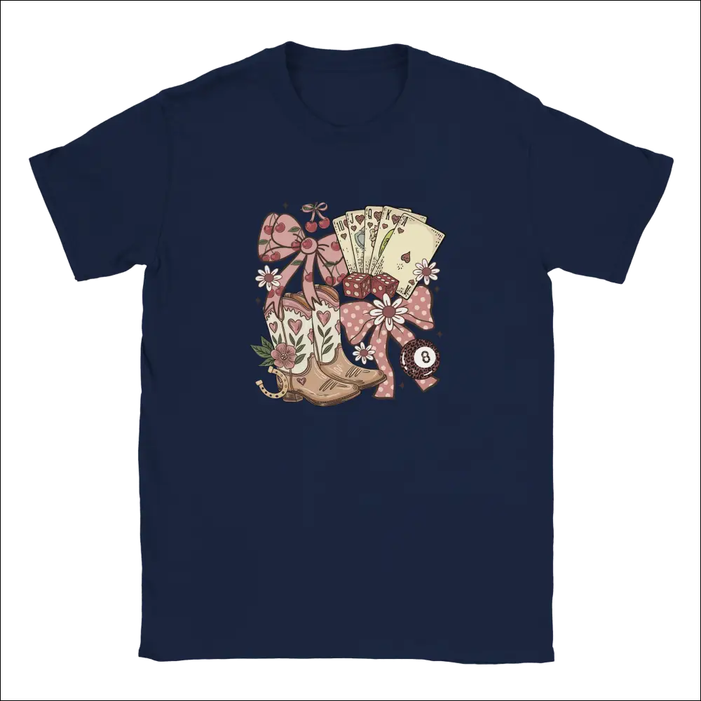 Navy blue Country Charm kids t-shirt with pink cowboy boots and cards