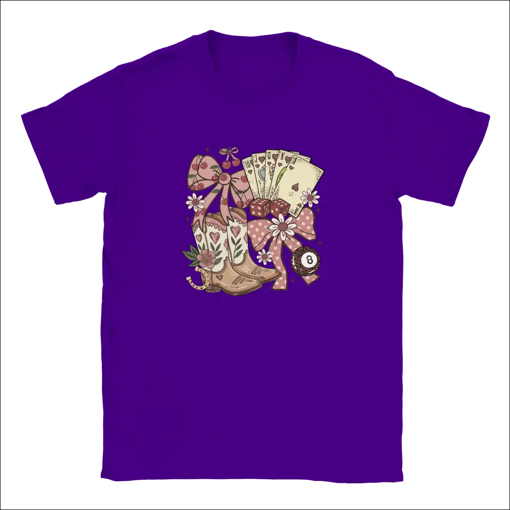 Purple Country Charm kids t-shirt with beige cowboy boots, cards and bows