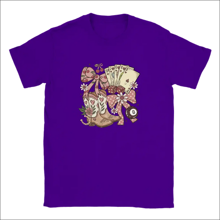 Purple Country Charm kids t-shirt with beige cowboy boots, cards and bows