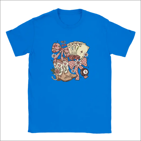 Bright blue Country Charm kids t-shirt with colorful cowboy boots graphic