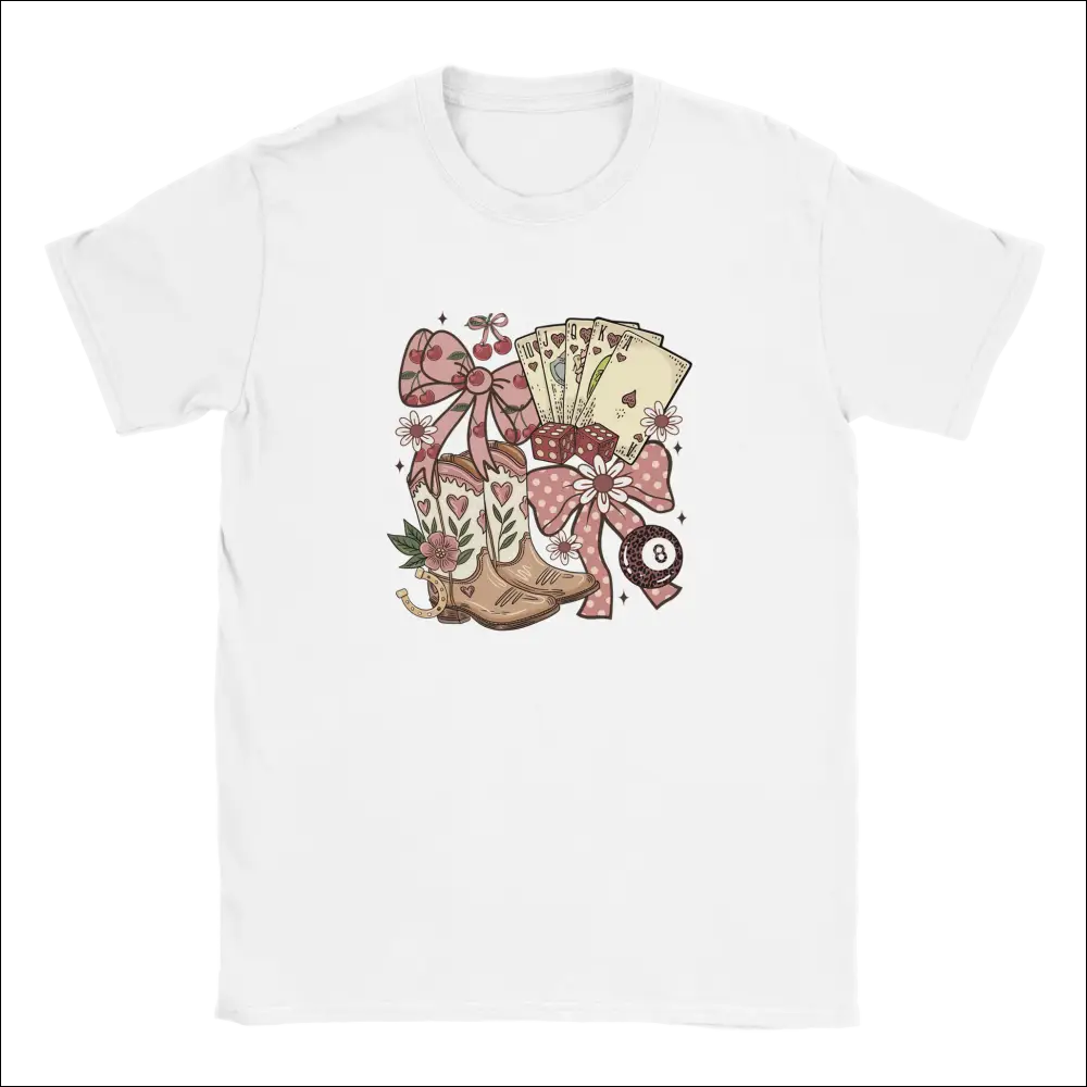 White Country Charm Kids T-Shirt with whimsical cowboy boots, cards, pink bows and floral details