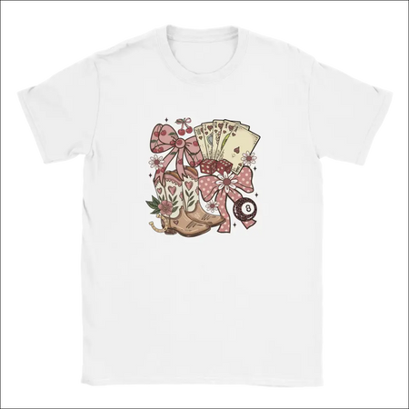 White Country Charm Kids T-Shirt with whimsical cowboy boots, cards, pink bows and floral details