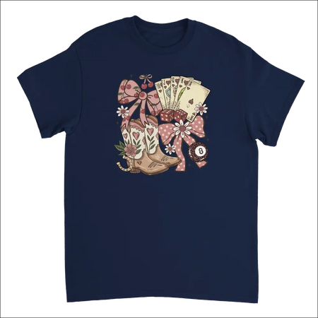 Navy blue Country Charm T-shirt with cowboy boots, cards, and pink bows