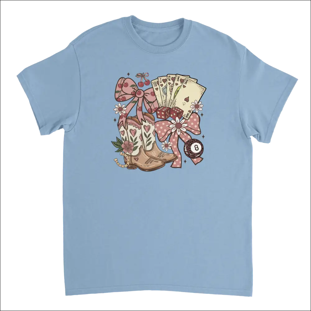 Light blue Country Charm T-shirt with western boho cowboy boots, cards, bows graphic