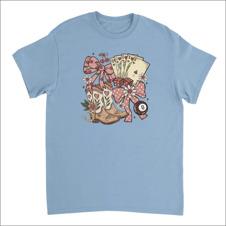 Light blue Country Charm T-shirt with western boho cowboy boots, cards, bows graphic