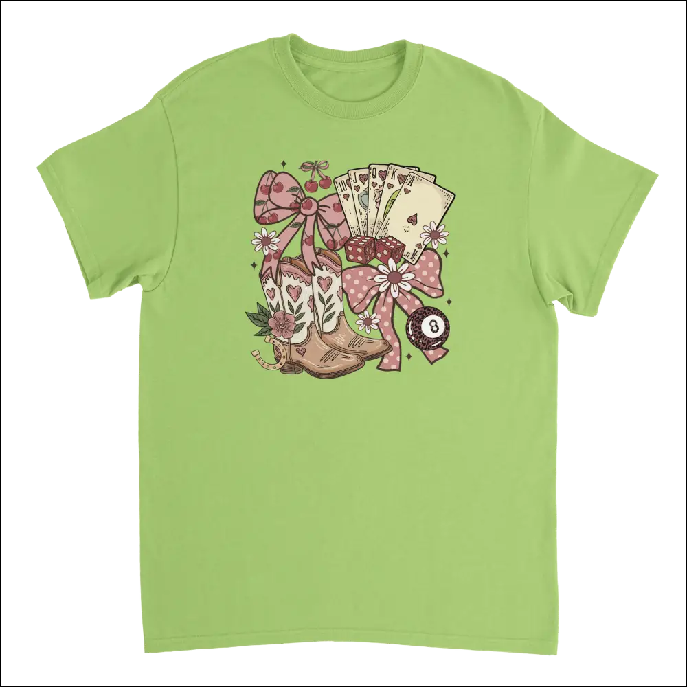 Lime green Country Charm T-shirt with western boho boots graphic