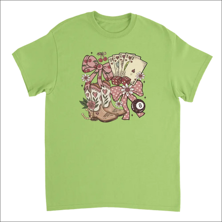Lime green Country Charm T-shirt with western boho boots graphic