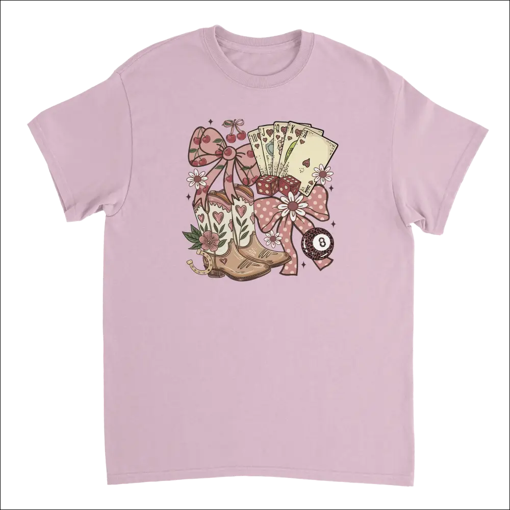 Country Charm T-Shirt with pink pastel cowboy boots, cards, bows graphic