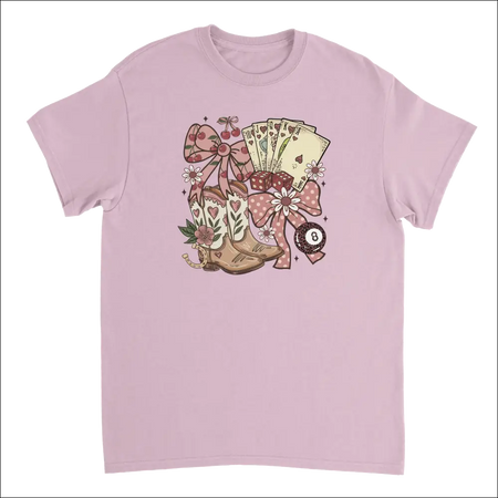 Country Charm T-Shirt with pink pastel cowboy boots, cards, bows graphic