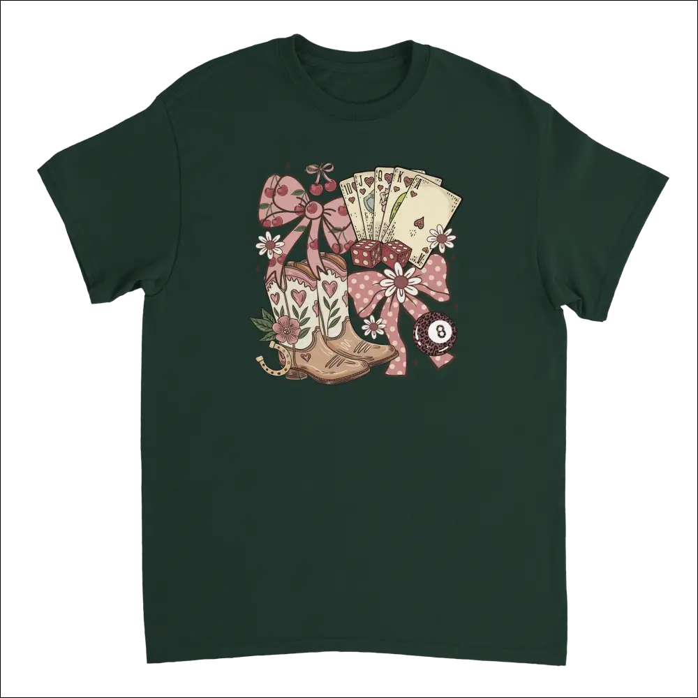 Dark green short-sleeve Country Charm T-shirt with colorful western boho graphic of cowboy boots, playing cards, and pink bows