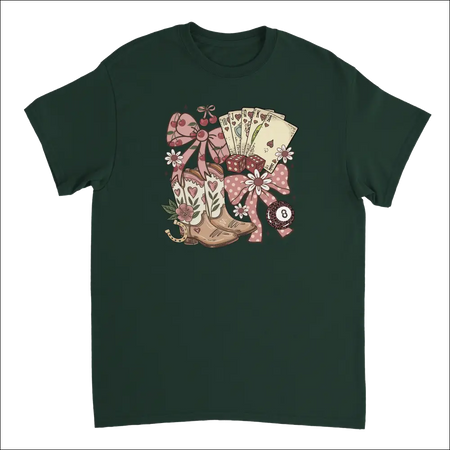 Dark green short-sleeve Country Charm T-shirt with colorful western boho graphic of cowboy boots, playing cards, and pink bows