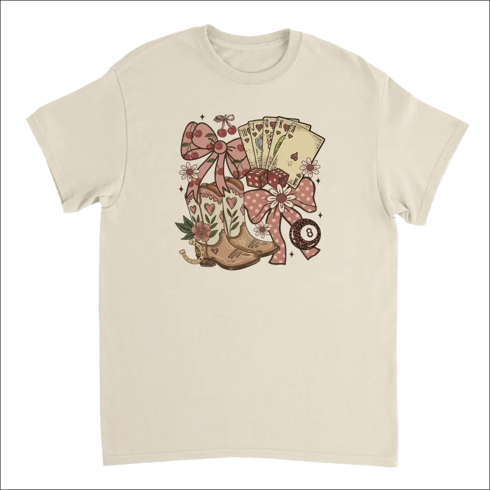 Cream-colored cotton Country Charm T-shirt with western boho cowboy boots, cards, bows graphic