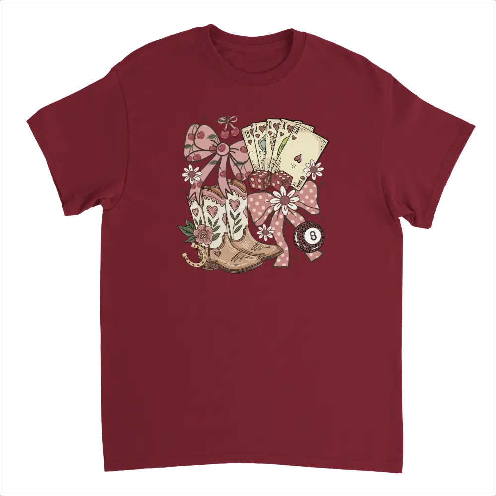 Maroon Country Charm T-Shirt with pink cream cowboy boots cards bows